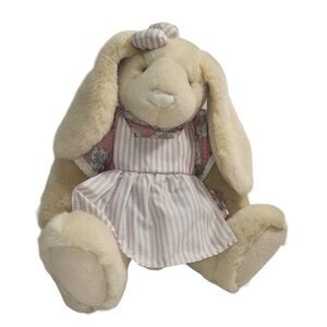Vtg Commonwealth Plush Brown Bunny Rabbit Pink Striped Bow Dress Apron 1993‎ 13"